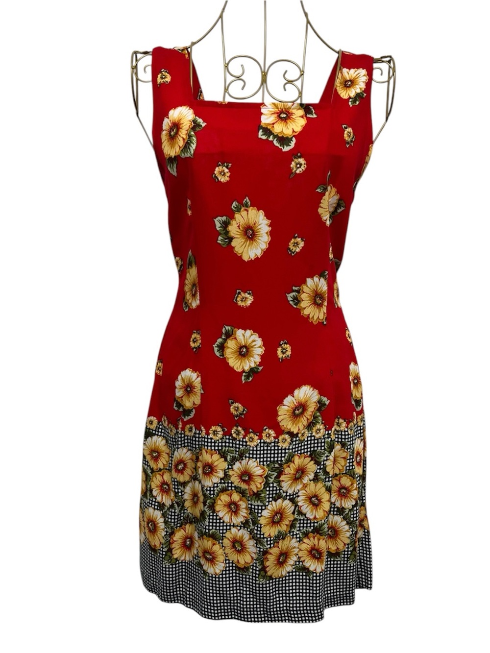 VINTAGE 90s Floral Plaid Mini Dress Square Neck Size 6 / Small